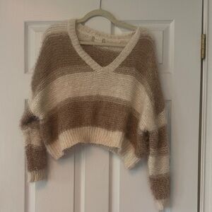 Altar'd State Cream and Brown V-Neck Sweater